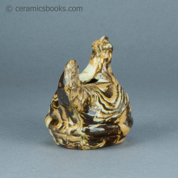 Agateware moneybox. Chicken in a basket. Attributed to Belfield Pottery. c.1870-1895. AP/1552. Back.