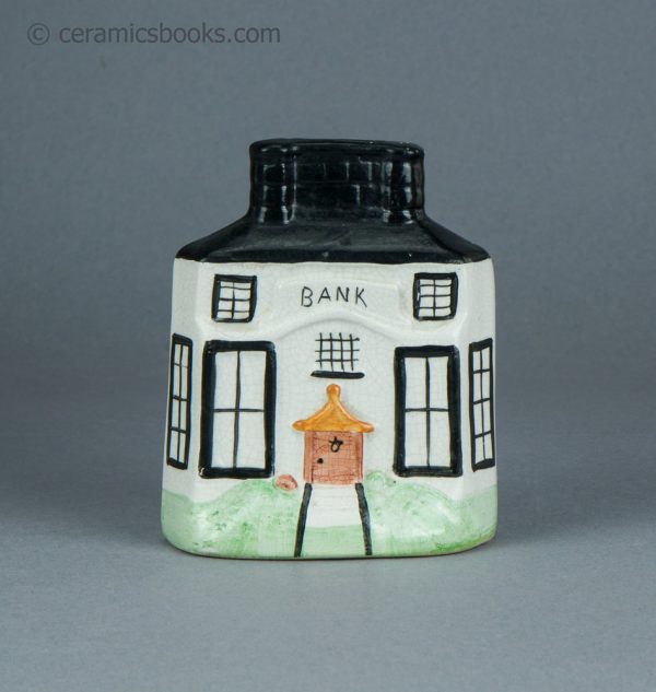 Staffordshire Bank building moneybox. c1900-1920. AP/nlog. Front.