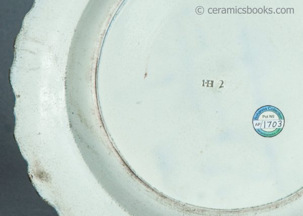 Pearlware shell edge plate. Underglaze blue painted 'Chinese house' pattern. Joshua Heath. c.1785-1800. AP/1703. Mark.