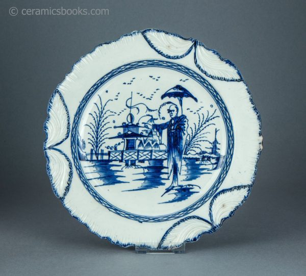 Pearlware shell edge plate. Underglaze blue painted 'Long Liza and Pagoda' pattern. c.1790-1800. AP/1705. Front.