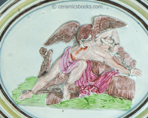 Pearlware wall plaque 'Prometheus and the Eagle'. c.1790-1810. AP/1711. Close up.