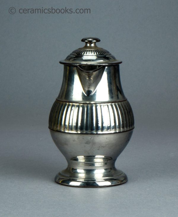 Silver lustreware jug with lid. c.1820-1830. AP/1068. Front.