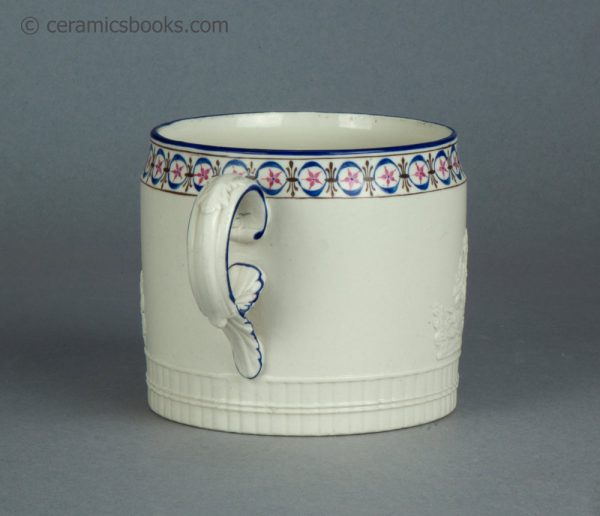 White felspathic stoneware tankard with enamelled rim. Attributed to Neale & Co. c.1795-1805. AP/1232. Back.