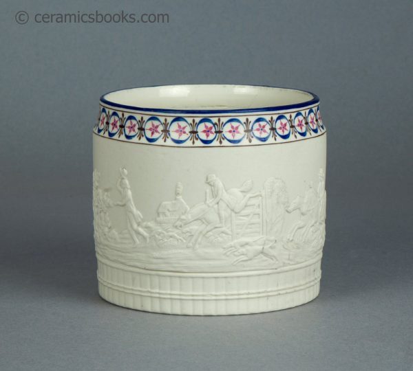 White felspathic stoneware tankard with enamelled rim. Attributed to Neale & Co. c.1795-1805. AP/1232. Front.