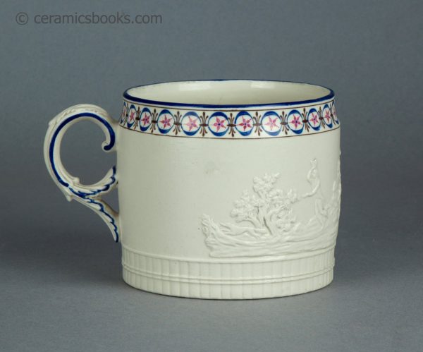 White felspathic stoneware tankard with enamelled rim. Attributed to Neale & Co. c.1795-1805. AP/1232. Reverse.