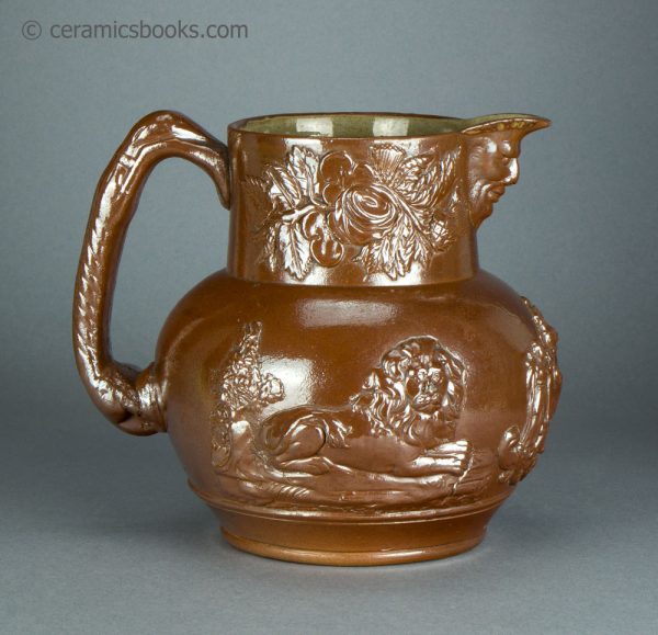 Brown saltglazed stoneware jug with Union and Oddfellows sprigs. Probably Brampton. c.1840-1850. AP/1355. Reverse.