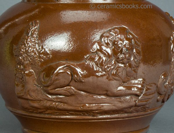Brown saltglazed stoneware jug with Union and Oddfellows sprigs. Probably Brampton. c.1840-1850. AP/1355. Reverse sprig.