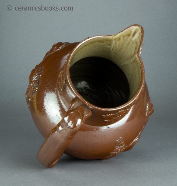 Brown saltglazed stoneware jug with Union and Oddfellows sprigs. Probably Brampton. c.1840-1850. AP/1355. Top.