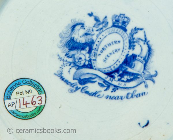 Blue transfer printed pearlware tankard. Northern Scenery, Dunolly Castle. John Meir & Son. c.1841-1860. AP/1463. Mark.