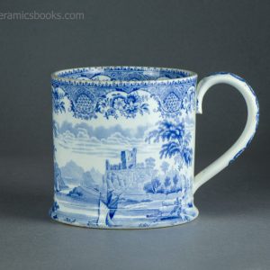 Blue transfer printed pearlware tankard. Northern Scenery, Dunolly Castle. John Meir & Son. c.1841-1860. AP/1463. Obverse.