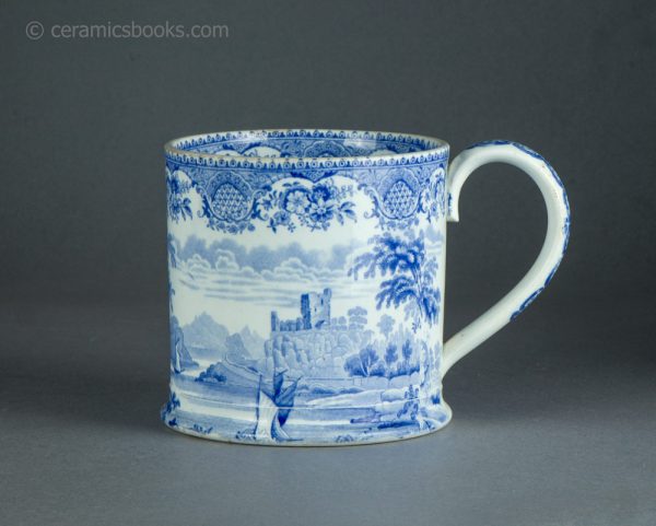 Blue transfer printed pearlware tankard. Northern Scenery, Dunolly Castle. John Meir & Son. c.1841-1860. AP/1463. Obverse.