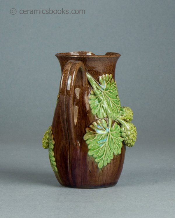 Belle Vue Pottery, Rye, Sussex, earthenware jug with hop sprigs. c.1870-1920. AP/1568. Back.