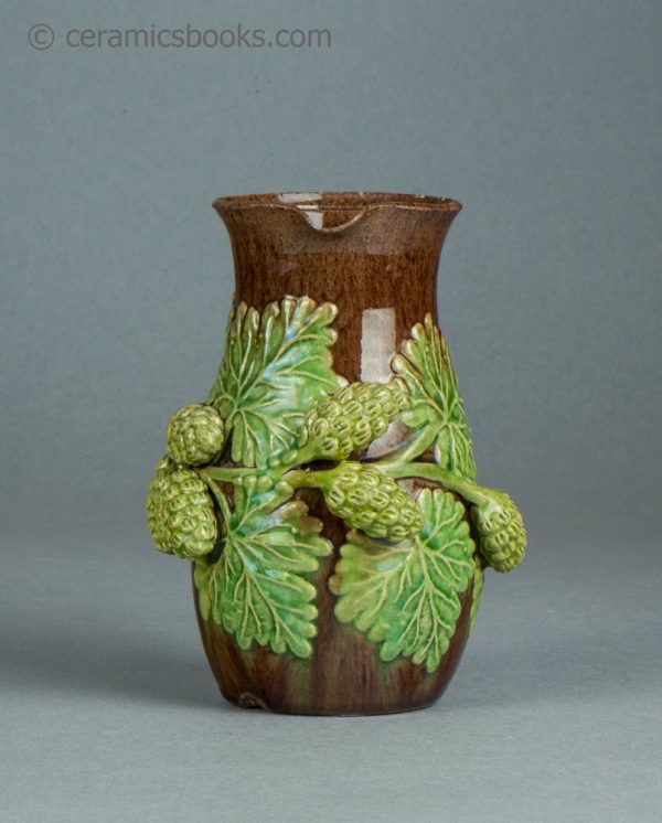 Belle Vue Pottery, Rye, Sussex, earthenware jug with hop sprigs. c.1870-1920. AP/1568. Front.