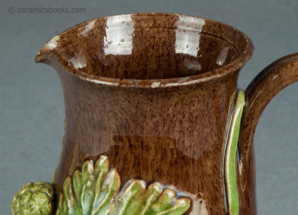Belle Vue Pottery, Rye, Sussex, earthenware jug with hop sprigs. c.1870-1920. AP/1568. Rim.