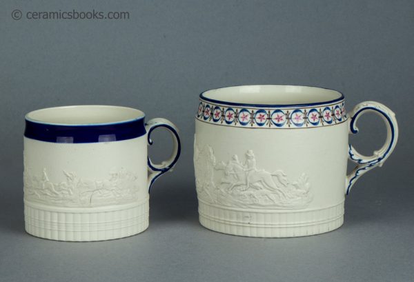 White felspathic stoneware tankards. Attributed to Neale & Co. and Chetham & Woolley. c.1795-1810. AP/1644 and AP/1232. Group.