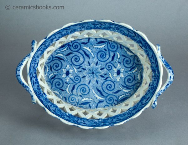 Pearlware chestnut basket and dish. Blue transfer printed 'Tendril' pattern. c.1810-1830. AP/1719/1720. Above.