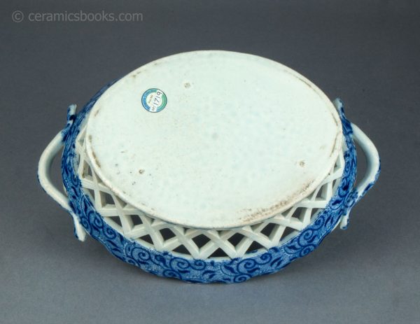 Pearlware chestnut basket and dish. Blue transfer printed 'Tendril' pattern. c.1810-1830. AP/1719/1720. Base.