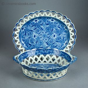 Pearlware chestnut basket and dish. Blue transfer printed 'Tendril' pattern. c.1810-1830. AP/1719/1720. Both display.
