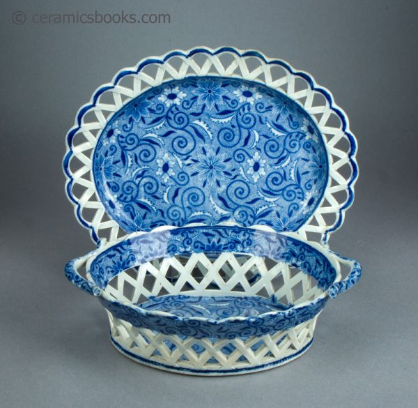 Pearlware chestnut basket and dish. Blue transfer printed 'Tendril' pattern. c.1810-1830. AP/1719/1720. Both display.