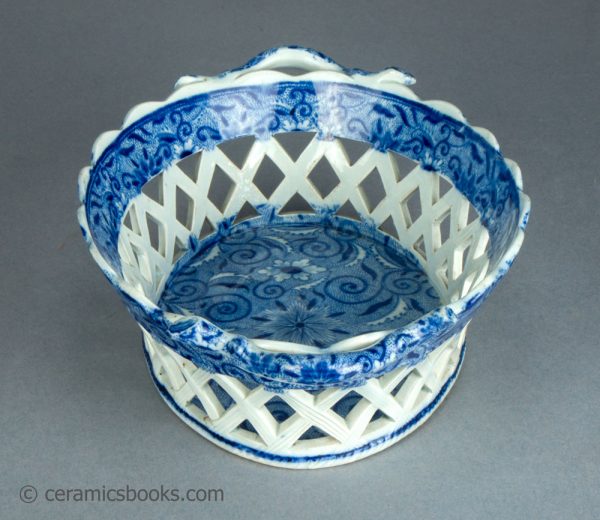 Pearlware chestnut basket and dish. Blue transfer printed 'Tendril' pattern. c.1810-1830. AP/1719/1720. Handle.