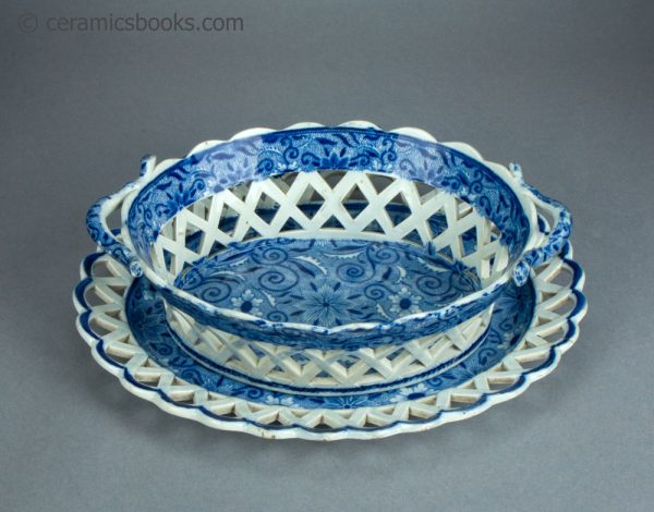 Pearlware chestnut basket and dish. Blue transfer printed 'Tendril' pattern. c.1810-1830. AP/1719/1720. Obverse above.