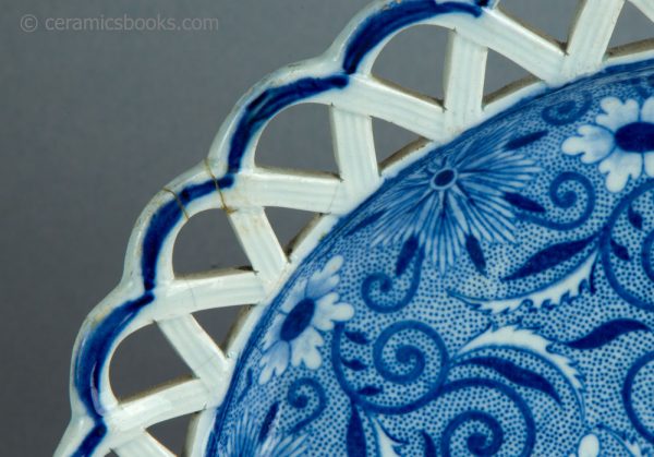 Pearlware chestnut basket and dish. Blue transfer printed 'Tendril' pattern. c.1810-1830. AP/1719/1720. Close above.