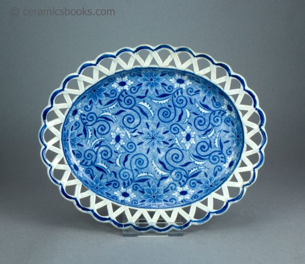 Pearlware chestnut basket and dish. Blue transfer printed 'Tendril' pattern. c.1810-1830. AP/1720. Top.