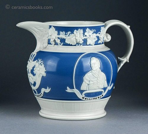Rare felspathic stoneware 'Mist' type (Chetham & Woolley) jug. With sprigs depicting Wellington, 'Peace & Plenty' and Blucher (the Prussian commander who assisted Wellington at the battle of Waterloo). This jug is larger than the two known published examples at 154mm high. c.1815. AP/1361.