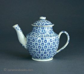 Bachelor or child's pearlware blue transfer printed 'flowers' teapot.  9.3cm High. c.1815-1825. AP/251.