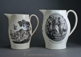 Two baluster form wheel-thrown creamware jugs. Black bat prints. Liverpool or Staffordshire. c.1790-1810.