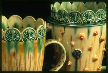 Earthenware loving cups. Lead glazed with metallic under-glaze oxides. Paul Bohanna 2000 Degree work.