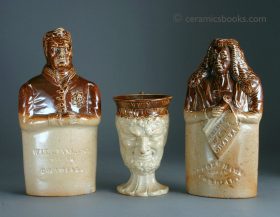 Brown salt-glazed stoneware reform flasks (William IV and Lord Brougham) and a Bacchus mug. Belper & Denby, Bournes Potteries Derbyshire. c.1837-1845.