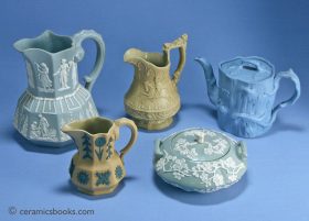 Group of coloured body moulded stoneware. Including Spode, Ridgway and Minton. c.1825-1850.